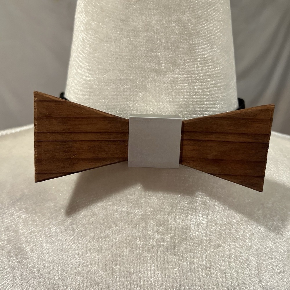 Vintage Wooden Handmade Bow Tie Silver‎ Metal Knot  Necktie Western Wedding